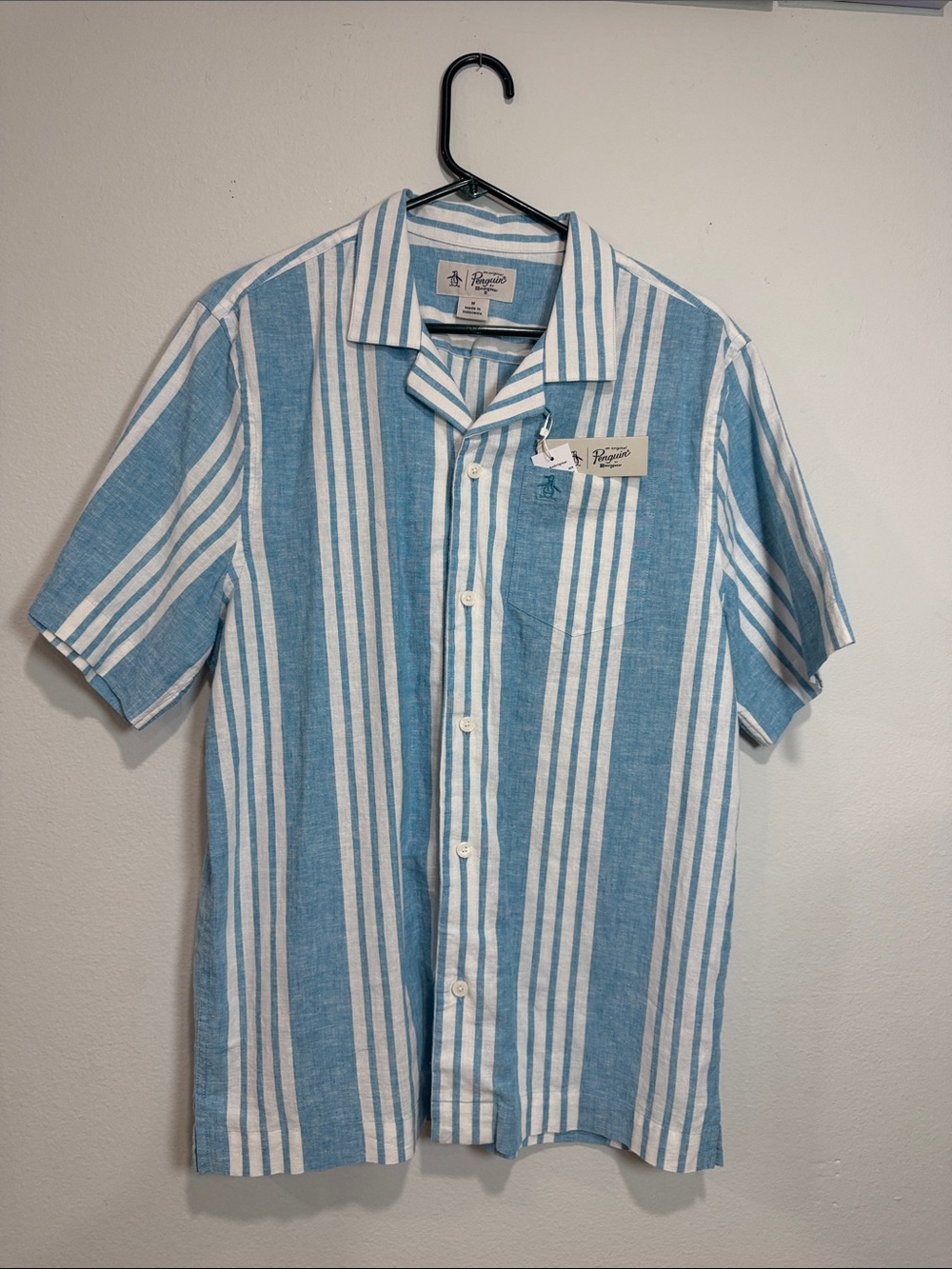 Camisa Original Penguin Light Blue & White Vertical Stripe Short-Sleeve Shi